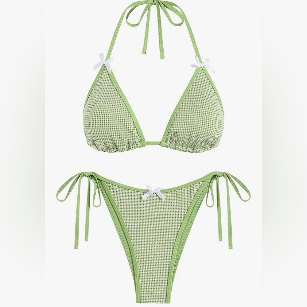 NWT ZAFUL Light Green Gingham Sexy Reversible Triangle Side Tie 2pc Bikini M